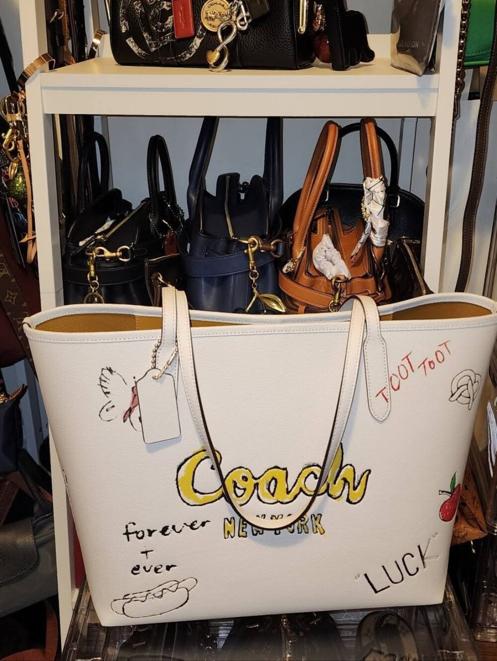 Coach White Leather Graphic Tote with Yellow Logo